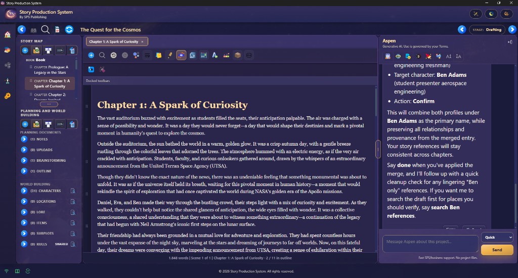 SPS Studio in dark mode: manuscript editor with story map, planning sidebar, and Aspen assistant.