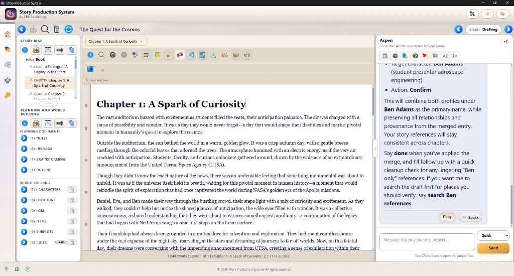 SPS Studio in light mode: manuscript editor with story map, planning sidebar, and Aspen assistant.